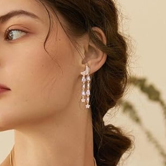 Neiman Marcus Rhinestone 18k Gold Plated Moon Star Teardrop Dangle Earrings - Picture 3 of 4